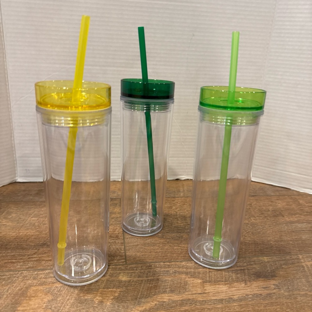 STRATA CUPS 3 Colored Skinny Clear Tumbler with Lids and Straws | 16Oz